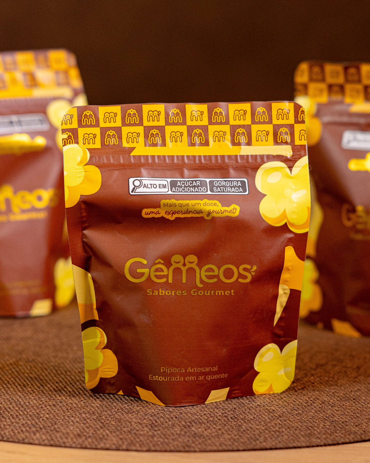 Embalagem de pipoca artesanal Gêmeos Sabores Gourmet